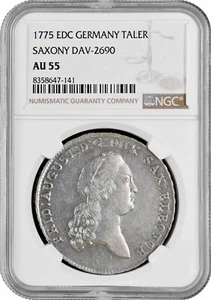 Saxony 1 thaler 1775 EDC, NGC AU55, "Elector Frederick Augustus (1763 - 1806)" - Picture 1 of 2