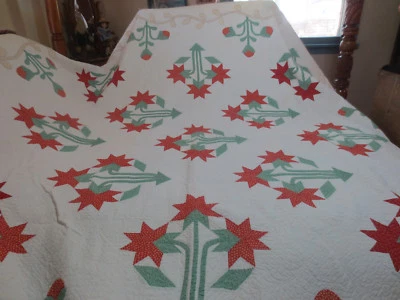 OUTSTANDING HAND STITCHED APPLIQUE QUILT IN CAROLINA LILY & POMEGRANITE PATTERN - Image 1 of 4