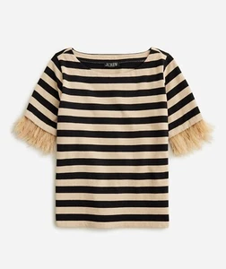 $ 125 Neu mit Etikett J Crew Mariner Jersey schwarz hellbraun Rugby Streifen Top T-Shirt Federbesatz XS - Bild 1 von 16
