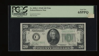 DBR 1934-D $20 Philadelphia Fr. 2058-Cw Wide Gem 65 PPQ Serial C65212360A - Image 1 of 2