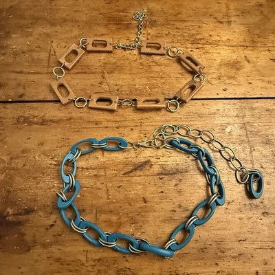 Лот 2 деревянные звенья цепи ремни талии 28-35» желтовато-коричневый и бирюзовый геометрический ретро мод - Изображение 1 из 4