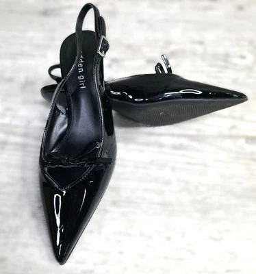 New Women's Size 7 M [Steve] Madden Girl Sling Back Black Patent Leather Heels - Image 1 of 4