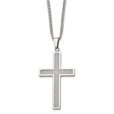 Stainless Steel with Grey Carbon Fiber Inlay Large Cross Pendant Necklace 20" - Image 1 of 4