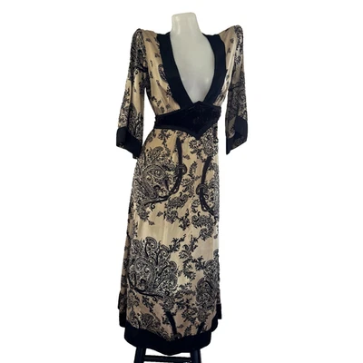 Y2K vtg CIGANA Gold Silk Paisley Print EMPIRE WAIST Dress Black OOAK Upcycled S - Image 1 of 4