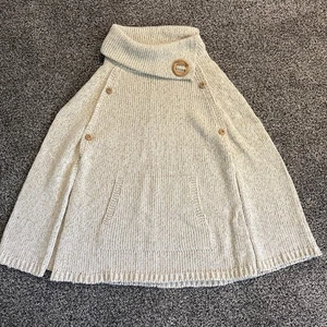Cape Style Sweater Womens Cowl Neck Buttons Front Pocket Tan Cream - Picture 1 of 13