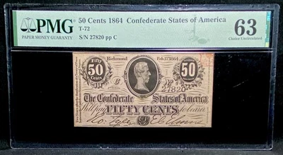 PMG CU 63. T-72 1864 Confederate States 50c Civil War Obsolete Banknote Currency - Image 1 of 4
