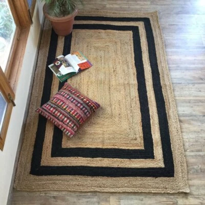 Rug Jute 100% Natural Rectangle Hand Braided Area Carpet Rustic Look Modern Rug - Image 1 of 4