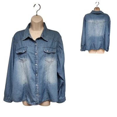 New Look  Blue Denim Collared Roll-Tab Long Sleeve Button Down Blouse Size 3XL - Image 1 of 4