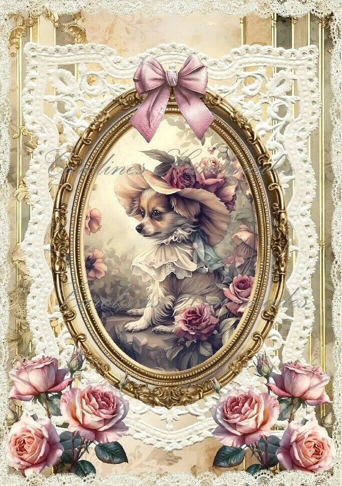 Victorian Dog In Big Hat & Roses Designer Cotton Fabric Quilt Block Multi-size - Image 1 of 1