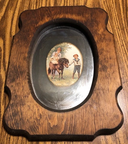 Pine Wood Framed Reflective Art/Mirror by The Woodsmen, Mom/Baby On Horse W/boy Cover