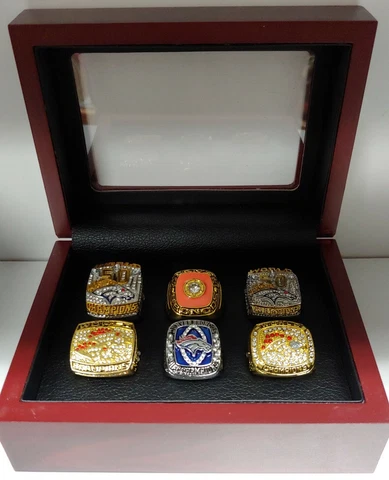 Denver Broncos - Championship 6 Ring Set With Wooden Box.. Elway, Davis, Manning Cover