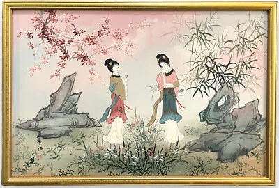 Asian Oil Painting On Canvas Geishas Signed By Artist Gold Framed 26” X 38” - Image 1 of 4