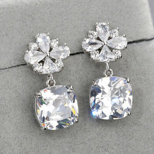 Wedding Flower Square Genuine White Topaz Gems Silver Women Dangle Hook Earrings