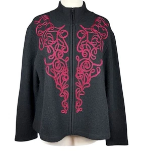 Cardigan donna Coldwater Creek PL 100% lana zip nero fucsia ricamato - Foto 1 di 14