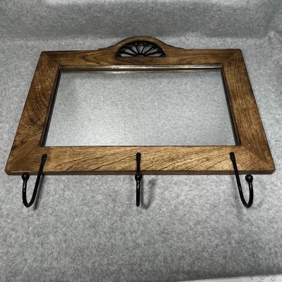 Rustic Wood Mirror Wall Hook Rack Entryway Organizer 3 Iron Hooks Country Farm - Image 1 of 4