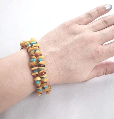 Jay King янтарь бирюза бисером браслет новый эластичной двойной две нити серебро - Изображение 1 из 4