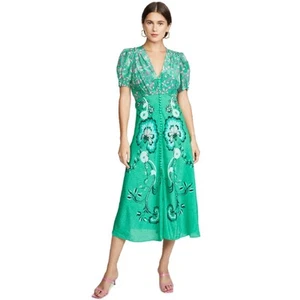 Saloni Lea Dress Willow Verde Green Pink Floral Silk Button Midi Puff Sleeve 0 - Imagen 1 de 12