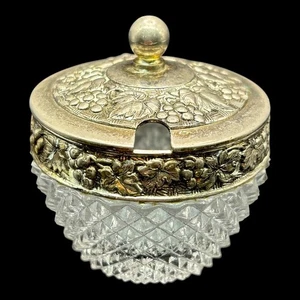 Vintage EAPG Diamond Cut Glass Covered Mustard Pot Jelly Jar w/ Metal Lid - Picture 1 of 7