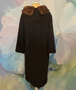 Vtg 50s Black Wool Blend Coat w/ Brown Mink Fur Collar 3 Button Mid-Length - Picture 1 of 13