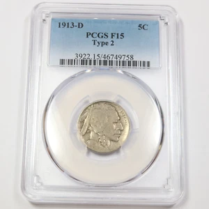 1913 D PCGS F15 TYPE 2 - Buffalo Nickel - 5c US Coin #45037A - Picture 1 of 2