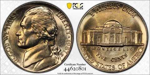 1987-P PCGS MS65FS Jefferson Nickel 5c golden toned with True View Full Step Cover