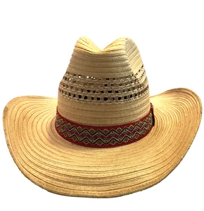 VTG RIO GRANDE STRAW COWBOY HAT MENS 7 56 CHIHUAHUA RED WOVEN HATBAND 22" MEXICO - Picture 1 of 24