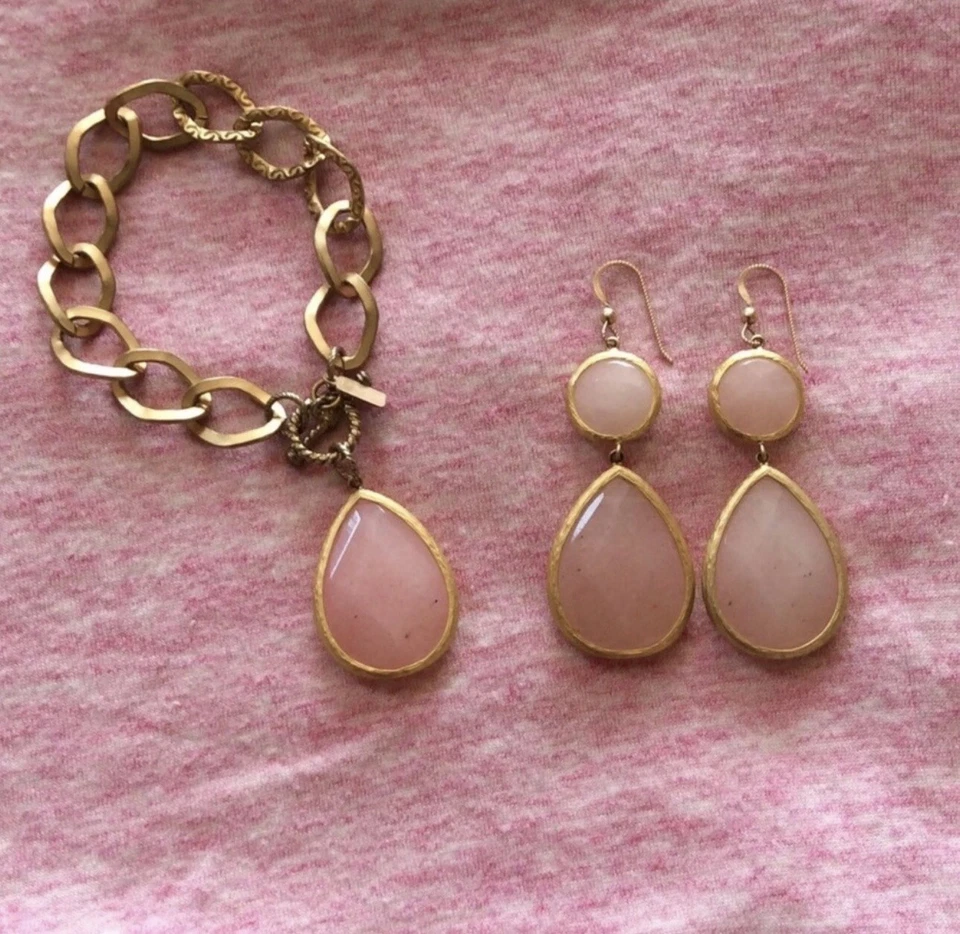 Juego de pulsera y pendiente de cuarzo rosa para mujer 14k cables GF, carcasa 14k GP  Foto 1 de 4