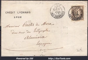 FRANCE N°56 SUR LETTRE POUR L'ESPAGNE AVEC CAD DE LYON LES TERREAUX 08/07/1876 - Picture 1 of 2