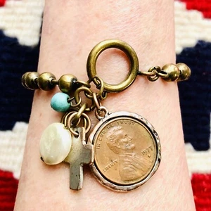 Vintage Handwerker Kupfer Penny Kreuz Charm Armband 1977 Lincoln Penny Münze Schmuck 8"" - Bild 1 von 6