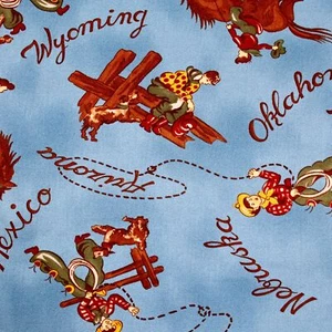 Dude Ranch Moda Barkcloth Fabric BTHY Cowboys Horses on Blue Half Yd Rising Sun - Picture 1 of 3