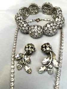 Klare Strass Halskette Armband Ohrringe 3 Stück Viktorianisch Vintage Schmuck - Bild 1 von 18