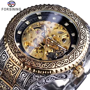 Automatic Luxury Stainless Steel Skeleton Silver Gold Retro Carved Mens Watch - Picture 1 of 10