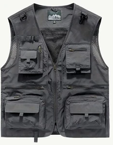 Men’s Grey Multi Pockets, Breathable,Sleeveless Vest-Casual Mesh V-Neck Zip-Up - Picture 1 of 7