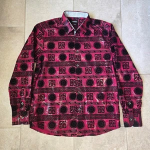 Maenza Slim Fit Red Black Flocked Velvet Button Up Shirt Sz Medium - Picture 1 of 8