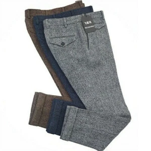 Men Herringbone Tweed Pants Wool Blend Straight Leg Trousers Casual Slim Fit - Picture 1 of 6