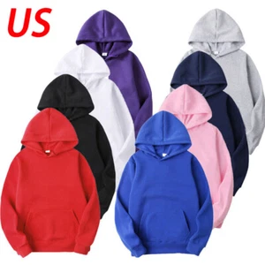 Mens Plain Pullover Hoody Casual Hooded Sweatshirts Long Sleeve Classic AU - Picture 1 of 46