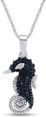 0.10 Ct Natural Blue & White Diamond Seahorse Pendant 14k Gold Plated Silver 925 — 第 1/4 张图片
