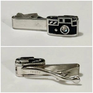 Vintage SWANK Silver Tone Black Enamel Rhinestone Accent CAMERA Tie Bar Clip - Picture 1 of 9