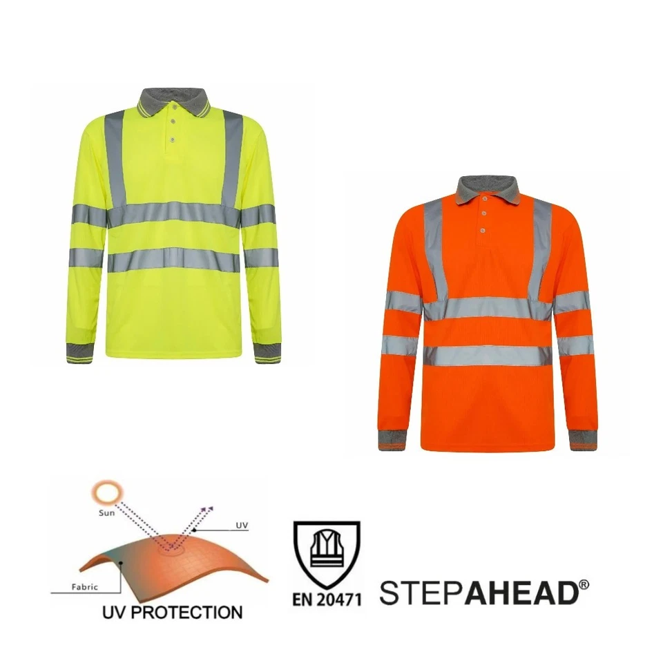 Hi-Vis Viz Visibility Long Sleeve Polo Shirt Safety Workwear - Image 1 of 1