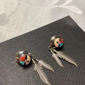Native American Teardrop Turquoise Sterling FEATHER TRICOLOR. EARRINGS - Picture 1 of 8