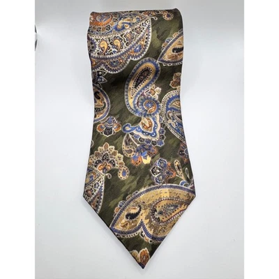 Corbata Roundtree & Yorke Toda Seda Hecha a Mano Paisley Para Hombre Verde Oliva Foto 1 de 3