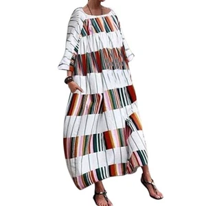 Maxi Vestido Largo Mujer Manga Larga Vintage Informal Suelto Bohemio Rayas 2011 - Imagen 1 de 2