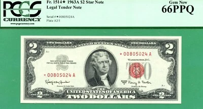 *** STAR *** 1963A $2 USN *** PCGS GEM 66 PPQ *** Fr 1514* 1963 A $2 STAR *** - Image 1 of 2