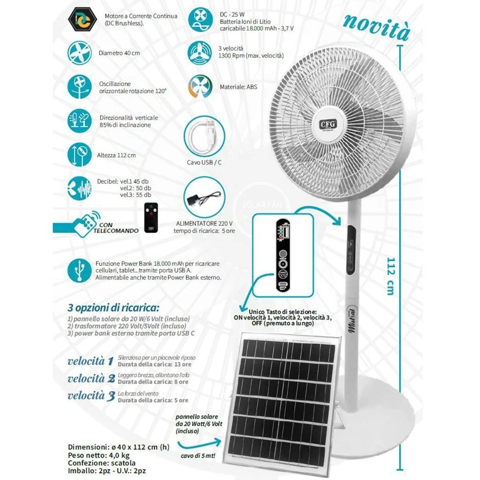 Ventilatore a Piantana Ricaricabile Solare Mistral cfg ev121 Telecomando usb 40c
