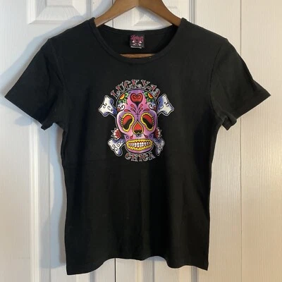 Camisa De Colección Y2K Lucky 13 Mujer Negra Calavera Chica Tatuaje Damas Grande Foto 1 de 4