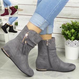 Ankle Boots Womens Ladies Mid Calf Pixie Tassle Hidden Wedge Casual Shoes Size - Picture 1 of 24