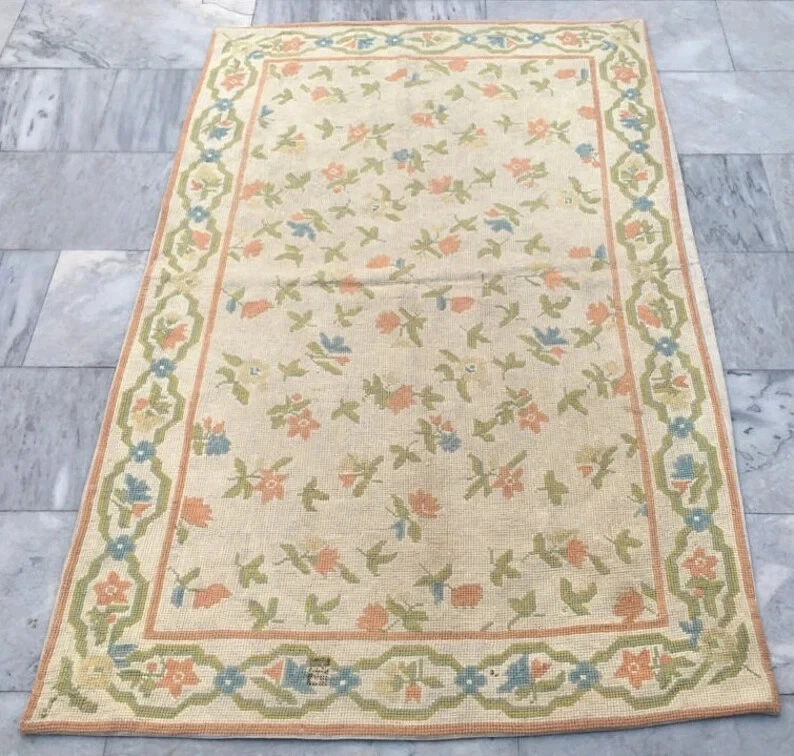 Vintage French Style Handmade Aubusson Needlepoint Area Rug 3x6 ft Free Ship - Image 1 of 4