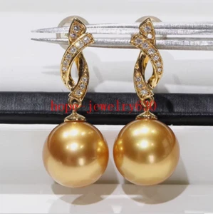 Real 18k Yellow Gold AAAA+ 11-12mm Natural gold South Sea Round Pearl Earrings - Picture 1 of 8