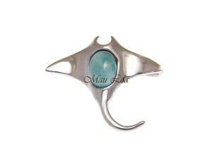 925 Sterling Silver Hawaiian Manta Ray Natural Blue Larimar Pendant Charm - Picture 1 of 4