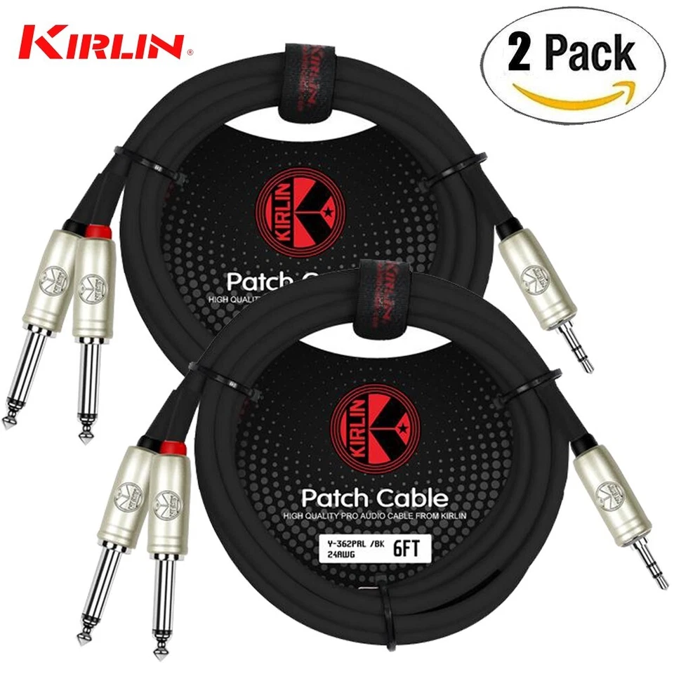 PACK de 2 cables Kirlin 6 pies 3,5 mm TRS a doble 1/4" mono sin ruido Y-362 PRL-06/BK Foto 1 de 1